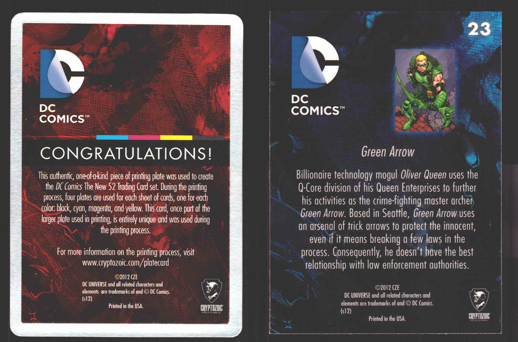 2012 DC Comics The New 52 Base Card Printing Plate 1/1 #23 Green Arrow Black - TvMovieCards.com