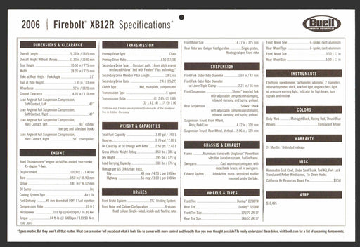 2006 Buell Motorcycle Dealer Sales Floor Specifications Card Firebolt XB12R   - TvMovieCards.com
