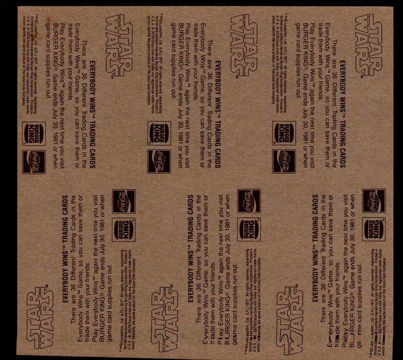 Star Wars Card Set 6 Panels of 6 Cards 36 cards 1980 Burger King   - TvMovieCards.com