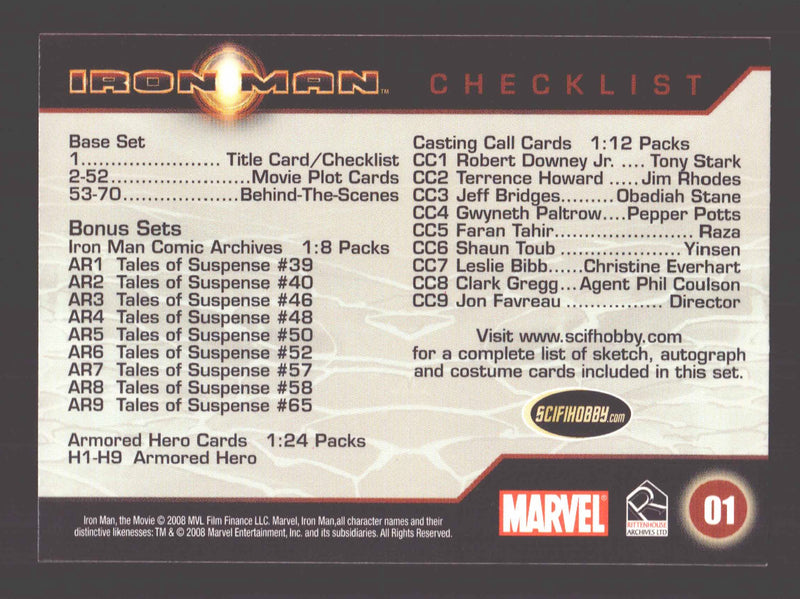 2008 Iron Man Movie #1 Title Trading Card Checklist Rittenhouse Archives
