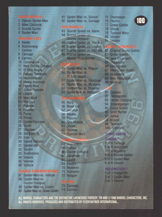 1996 Spider-Man Premium Eternal Evil Base Trading Card Set of 100 Cards Fleer/Sk - TvMovieCards.com