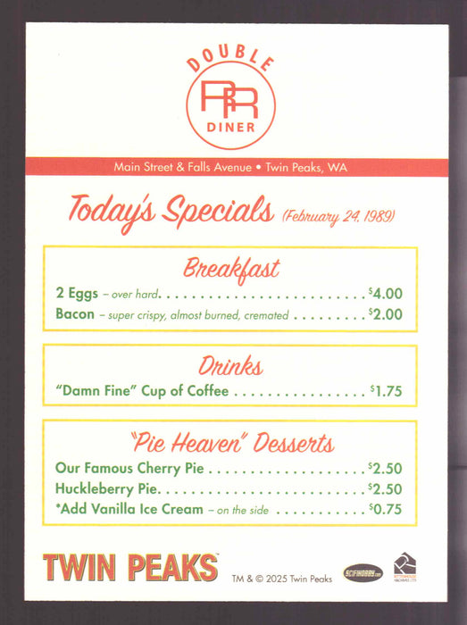 2025 Twin Peaks Log Lady Chronicles Case Topper Double R Dinner Menu Card - TvMovieCards.com