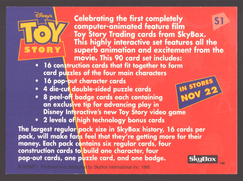 Toy Story Series 1 Disney Movie Woody & Buzz Lightyear S1 Promo Card Skybox 1995