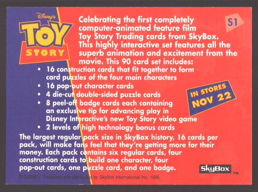 Toy Story Series 1 Disney Movie Woody & Buzz Lightyear S1 Promo Card Skybox 1995 - TvMovieCards.com