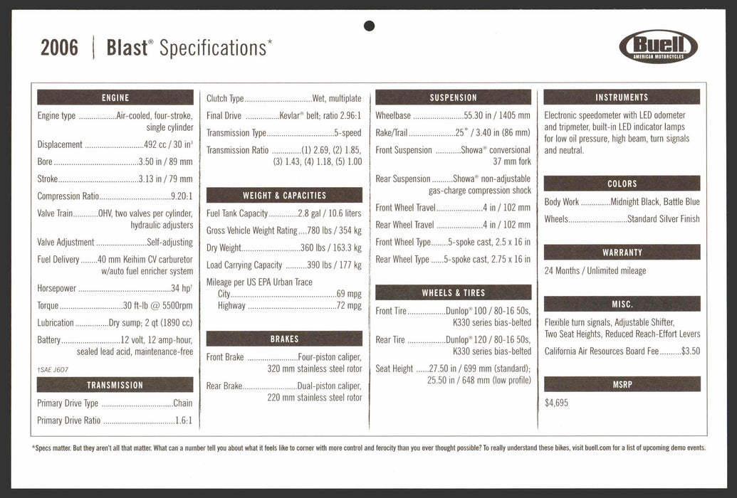 2006 Buell Motorcycle Dealer Sales Floor Specifications Card Blast   - TvMovieCards.com