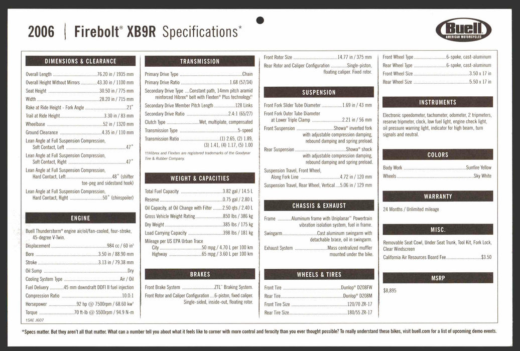 2006 Buell Motorcycle Dealer Sales Floor Specifications Card Firebolt XB9R   - TvMovieCards.com