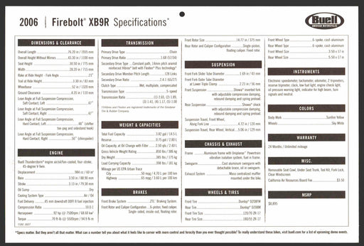 2006 Buell Motorcycle Dealer Sales Floor Specifications Card Firebolt XB9R   - TvMovieCards.com