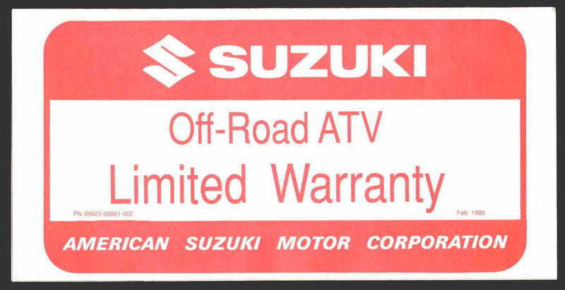 1989 Suzuki Offroad ATV Limited Warranty Contract Paperwork NOS   - TvMovieCards.com