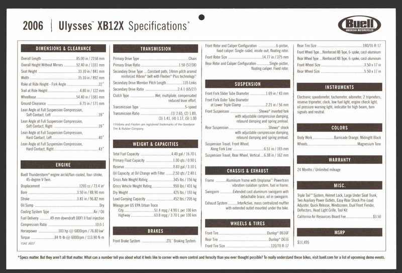 2006 Buell Motorcycle Dealer Sales Floor Specifications Card Ulysses XB12X   - TvMovieCards.com