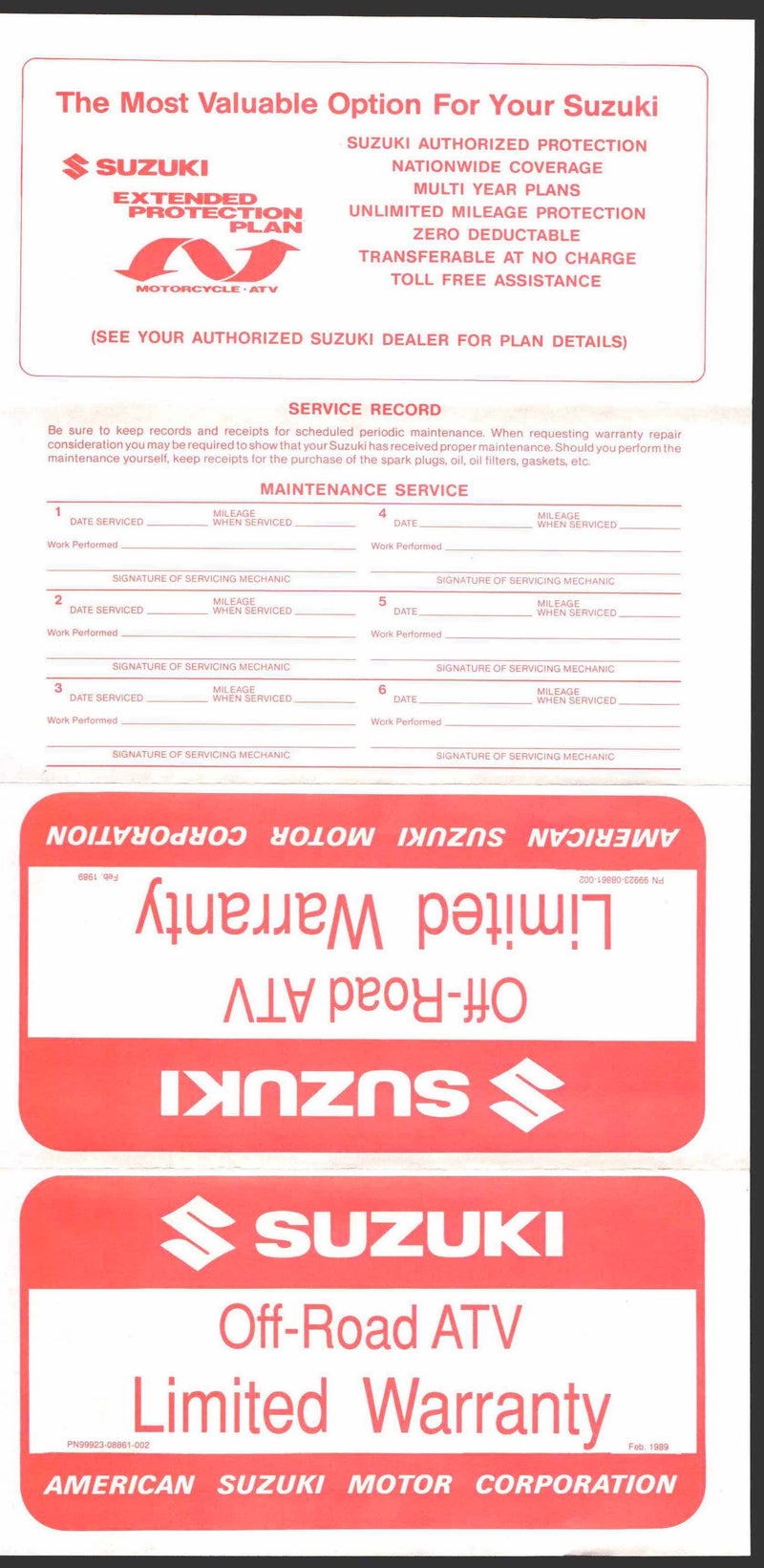 1989 Suzuki Offroad ATV Limited Warranty Contract Paperwork NOS   - TvMovieCards.com