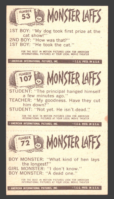 1963 Monster Laffs Midgees Trading Card Panel of 3 Cards #53 #107 #72 - TvMovieCards.com