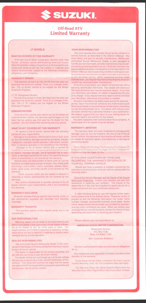 1989 Suzuki Offroad ATV Limited Warranty Contract Paperwork NOS   - TvMovieCards.com