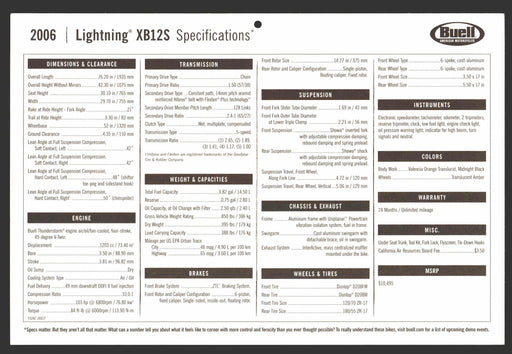 2006 Buell Motorcycle Dealer Sales Floor Specifications Card Lightning XB12S   - TvMovieCards.com