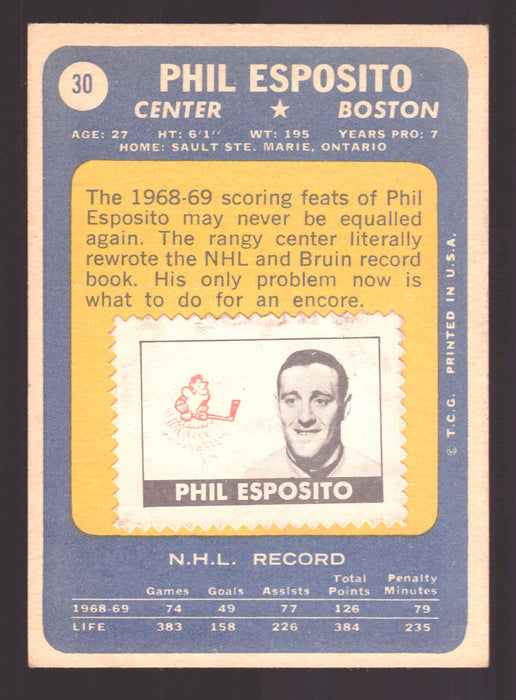 1969-70 Topps NHL Hockey #30 Phil Esposito with Stamp Bruins VG/EX   - TvMovieCards.com