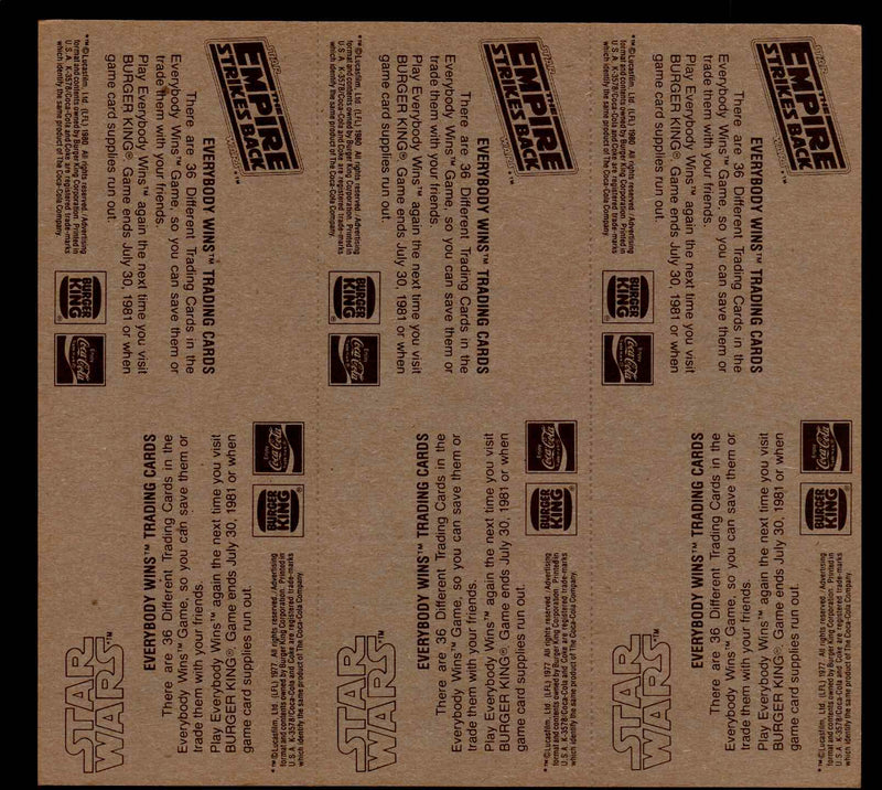 Star Wars Card Set 6 Panels of 6 Cards 36 cards 1980 Burger King   - TvMovieCards.com
