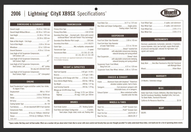 2006 Buell Motorcycle Dealer Sales Floor Specifications Card Lightning CityX XB9 - TvMovieCards.com