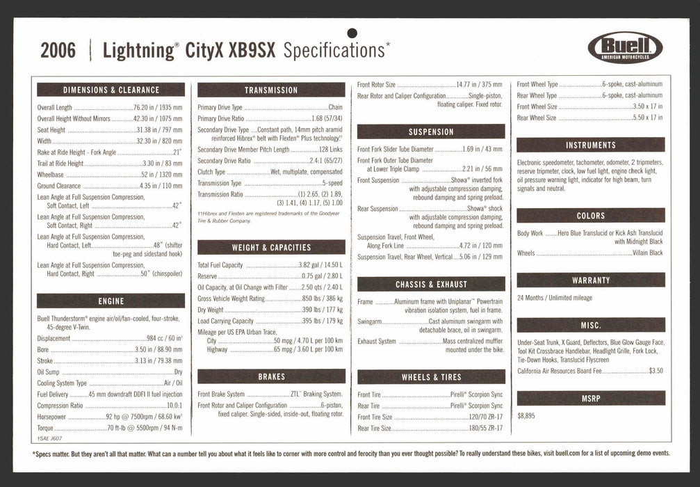 2006 Buell Motorcycle Dealer Sales Floor Specifications Card Lightning CityX XB9SX   - TvMovieCards.com