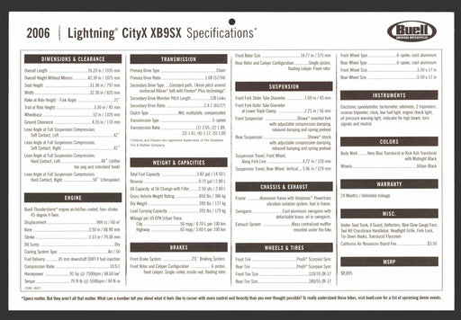 2006 Buell Motorcycle Dealer Sales Floor Specifications Card Lightning CityX XB9SX   - TvMovieCards.com