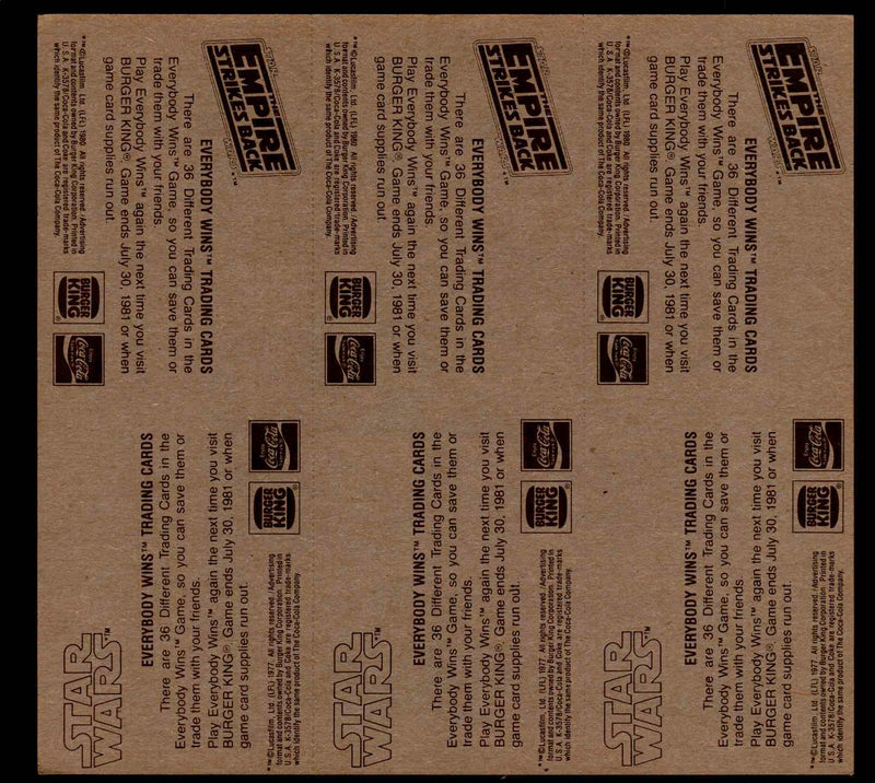 Star Wars Card Set 6 Panels of 6 Cards 36 cards 1980 Burger King   - TvMovieCards.com