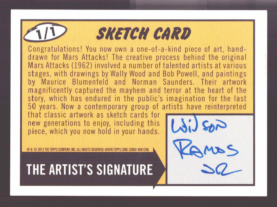 2012 Mars Attacks Heritage Artist Autograph Sketch Trading Card 1/1 Wilson Ramos Jr.
