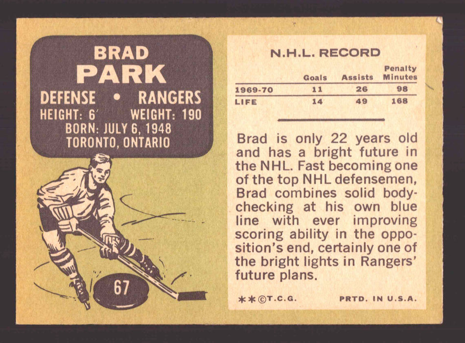 1970-71 Topps NHL Hockey #67 Brad Park NY Rangers Trading Card VG/EX   - TvMovieCards.com