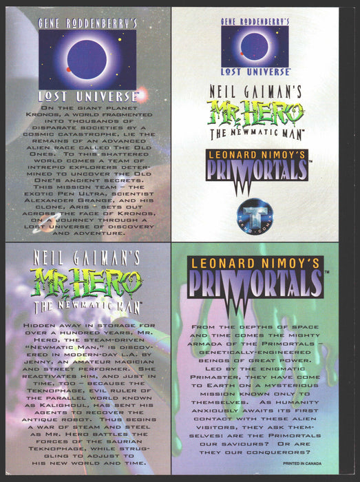 1995 Tekno Comics 4 card Promo Card Panel Mr. Hero Lost Universe Primortals   - TvMovieCards.com