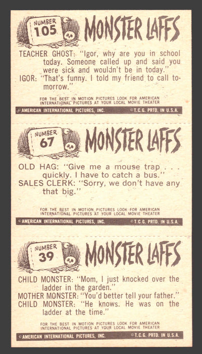1963 Monster Laffs Midgees Trading Card Panel of 3 Cards #105 #67 #39 - TvMovieCards.com