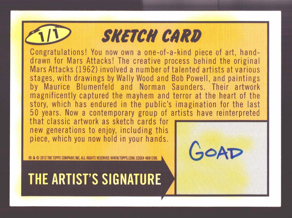2012 Mars Attacks Heritage Artist Autograph Sketch Trading Card 1/1 Jason Goad
