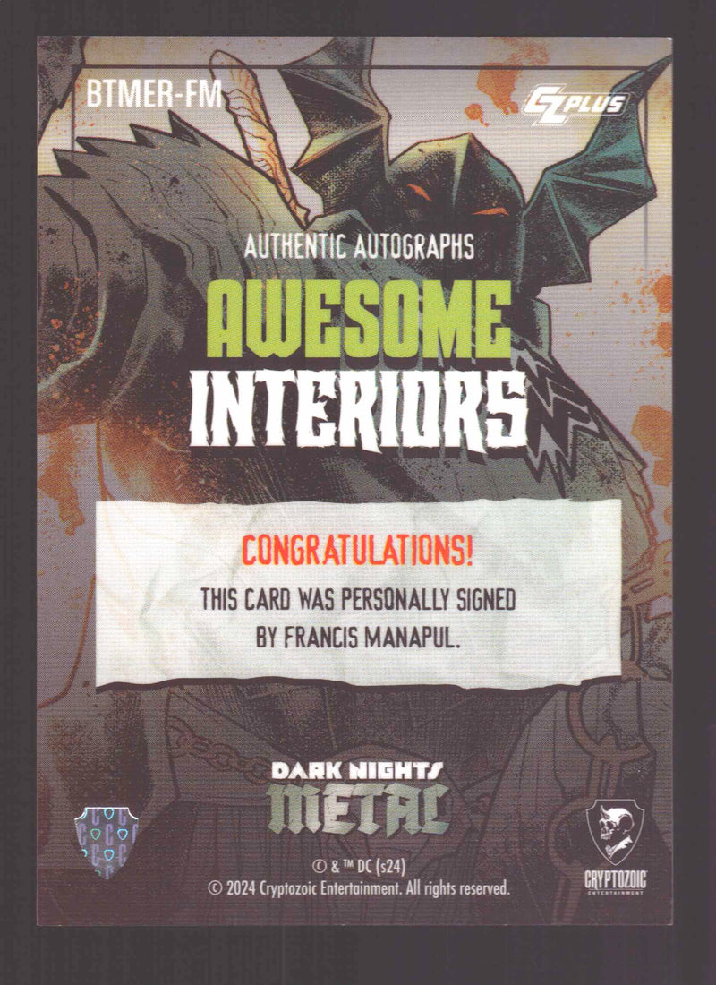 2024 CZX Dark Nights Metal Artist Autograph Card BTMER-FM Francis Manapul - TvMovieCards.com