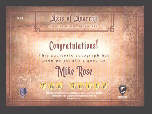 2012 The Guild Seasons 1-3 Mike Rose as Valkyrie Autograph Card A14 Cryptozoic - TvMovieCards.com
