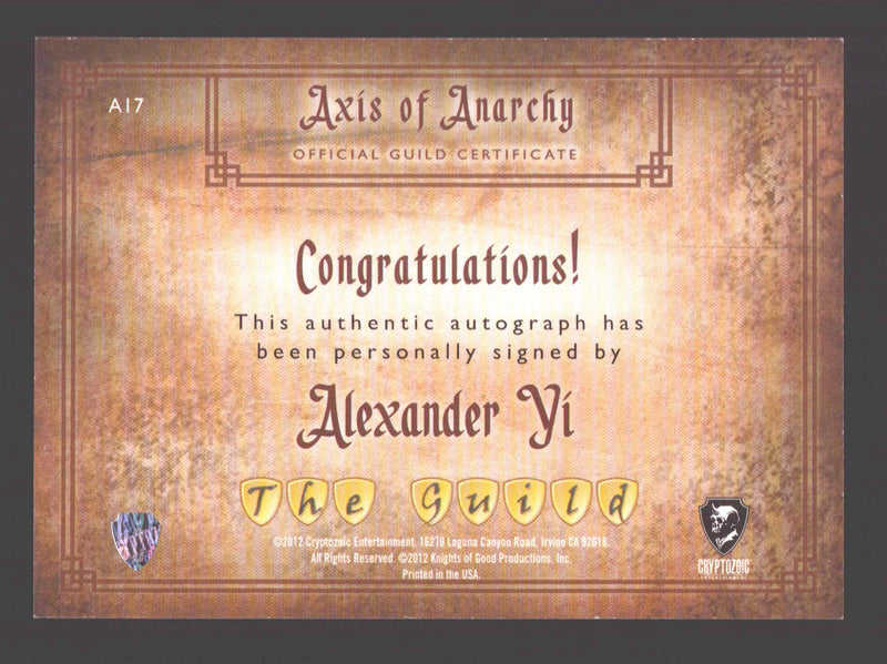 2012 The Guild Seasons 1-3 Alexander Yi as Kwan Autograph Card A17 Cryptozoic