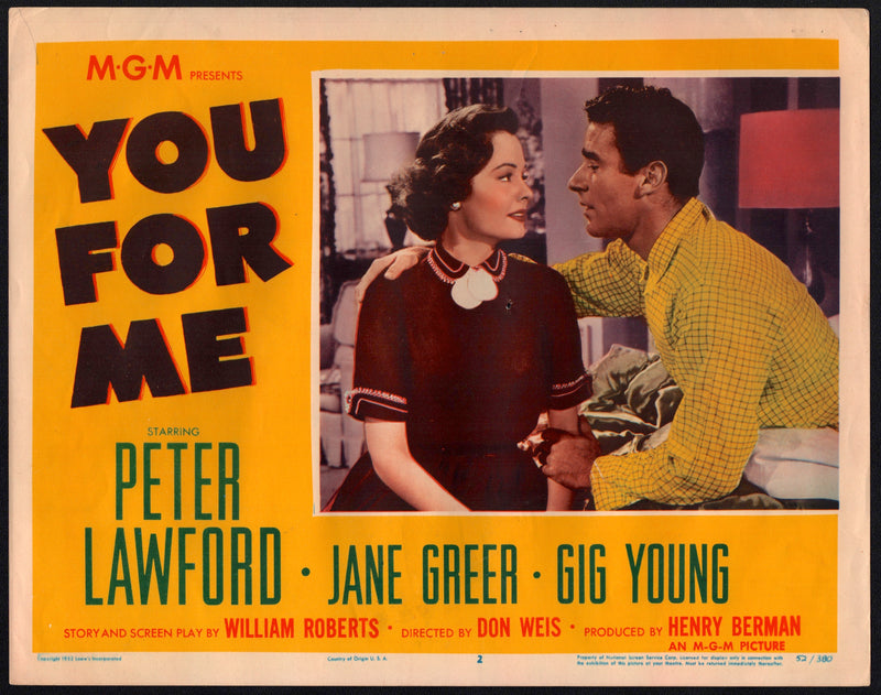 1952 You for Me #2 Lobby Card 11x14 Peter Lawford Jane Greer Gig Young - TvMovieCards.com