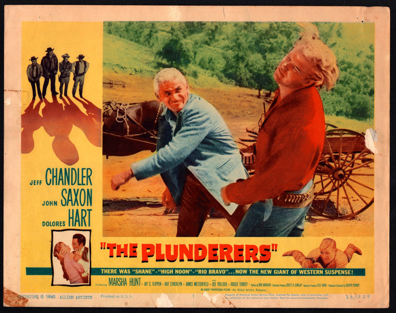 1960 The Plunderers #1 Lobby Card 11x14 Jeff Chandler John Saxon Dolores Hart - TvMovieCards.com