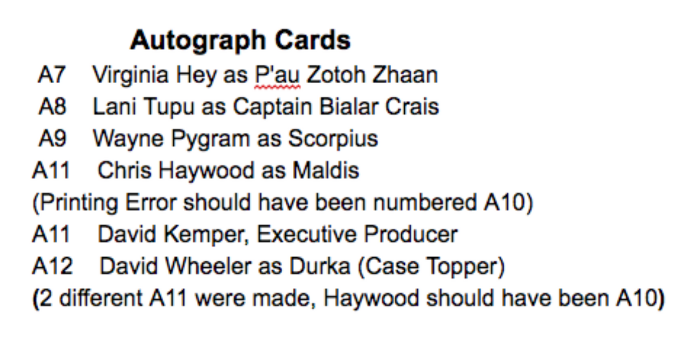 Farscape Season 2 Autograph Card Set 6 Cards A7 - A12   - TvMovieCards.com