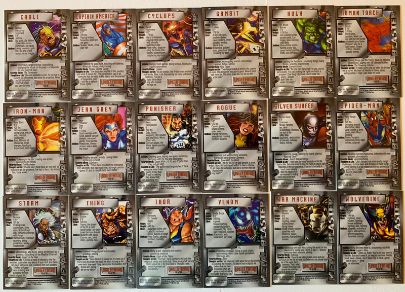 1995 Fleer Marvel Metal Inaugural Metal Blaster Chase Card Set 18 Foil Cards   - TvMovieCards.com