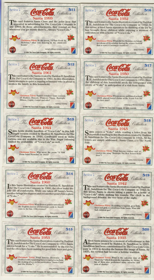 Coca Cola Series 2 Santa Chase Card Set 10 Cards S11 - S20 Collect-A-Card 1994 - TvMovieCards.com