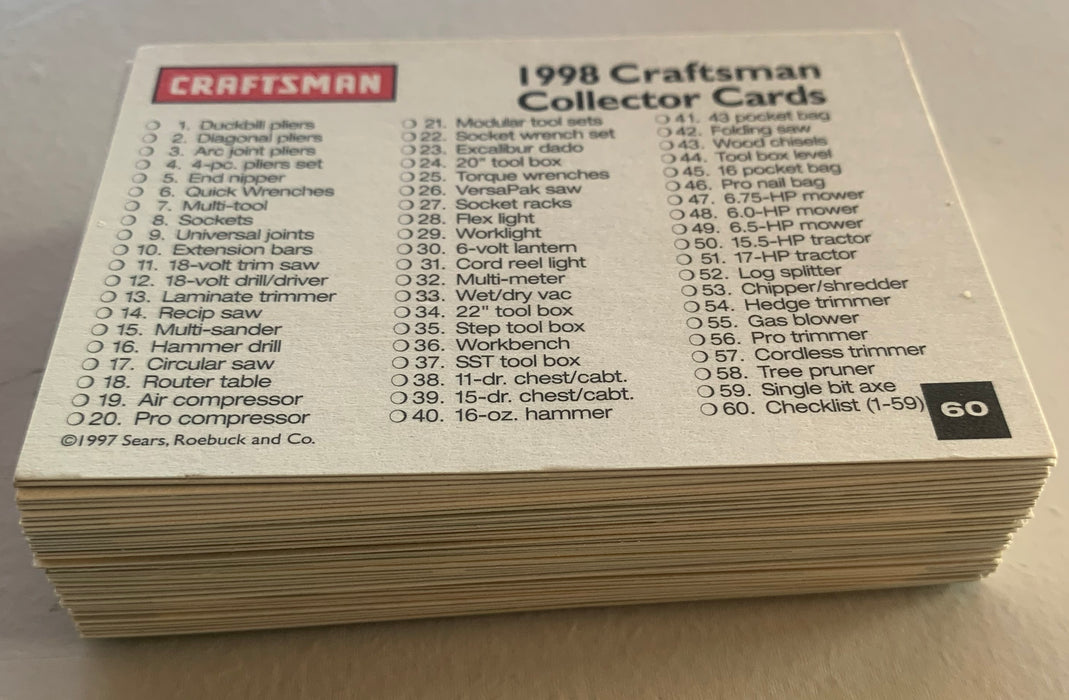 1998 Craftsman Tools Base Card Set 60 Cards By Sears Roebuck & Co. - TvMovieCards.com