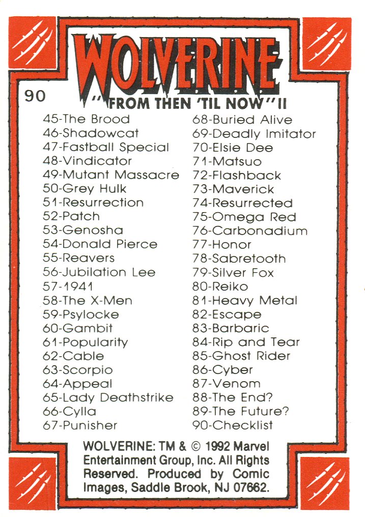 Wolverine II From Then 'Til Now Base Card Set 90 Cards Comic