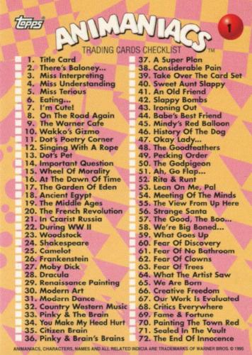 Animaniacs Cartoon Comic Base Card Set  72 cards Topps 1995   - TvMovieCards.com