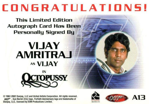 James Bond 40th Anniversary Vijay Amritraj Autograph Card A13   - TvMovieCards.com