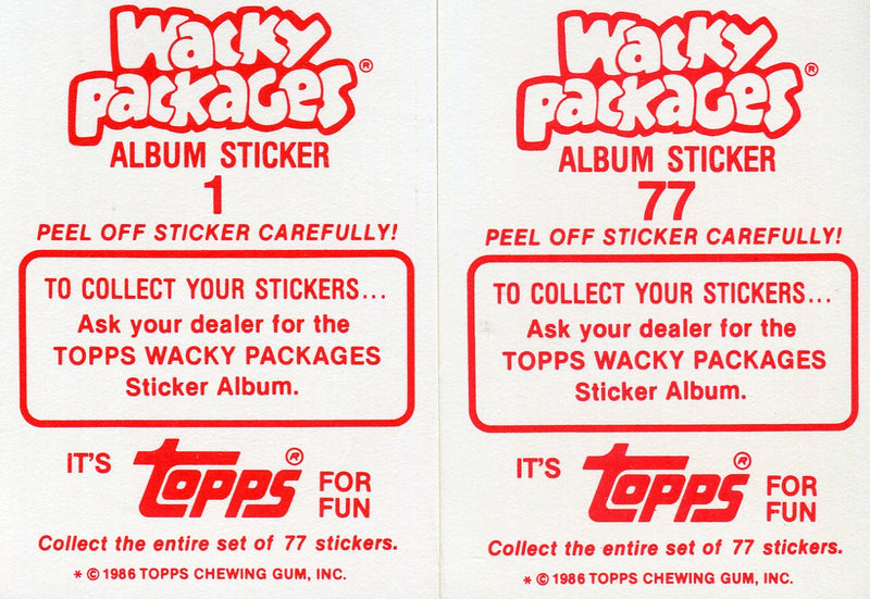 Wacky Packages Album Stickers Card Set 77 Sticker Cards 1986 Topps   - TvMovieCards.com
