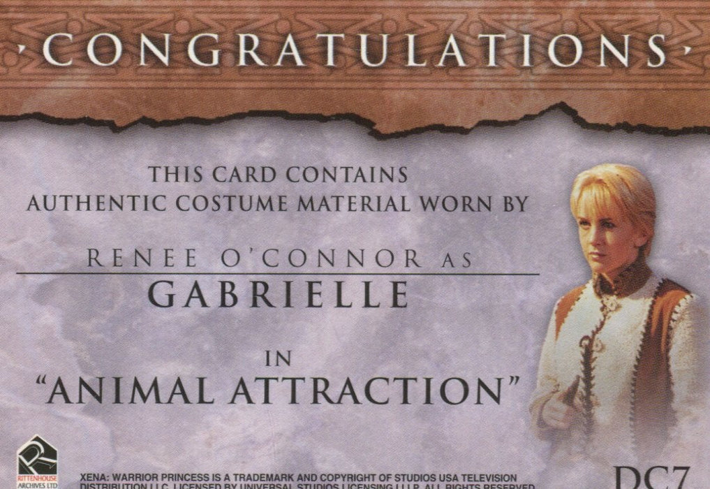 Xena Beauty and Brawn Renee O'Connor as Gabrielle Double Costume Card DC7 Tan   - TvMovieCards.com