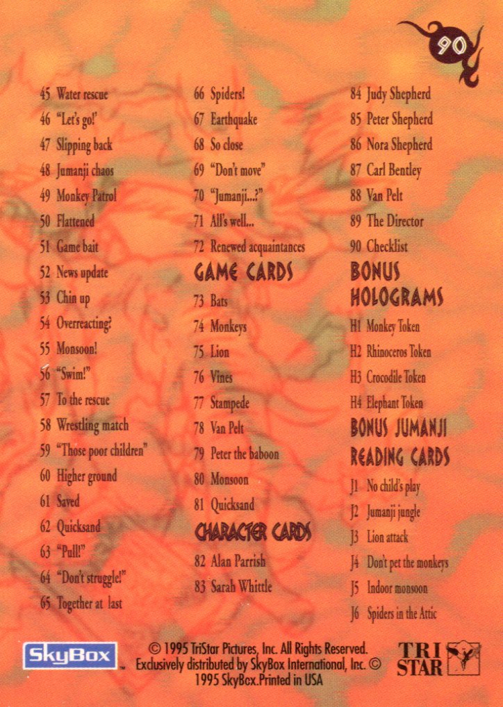 Jumanji Movie starring Robin Williams Trading Card Set 90 Cards Skybox 1995   - TvMovieCards.com