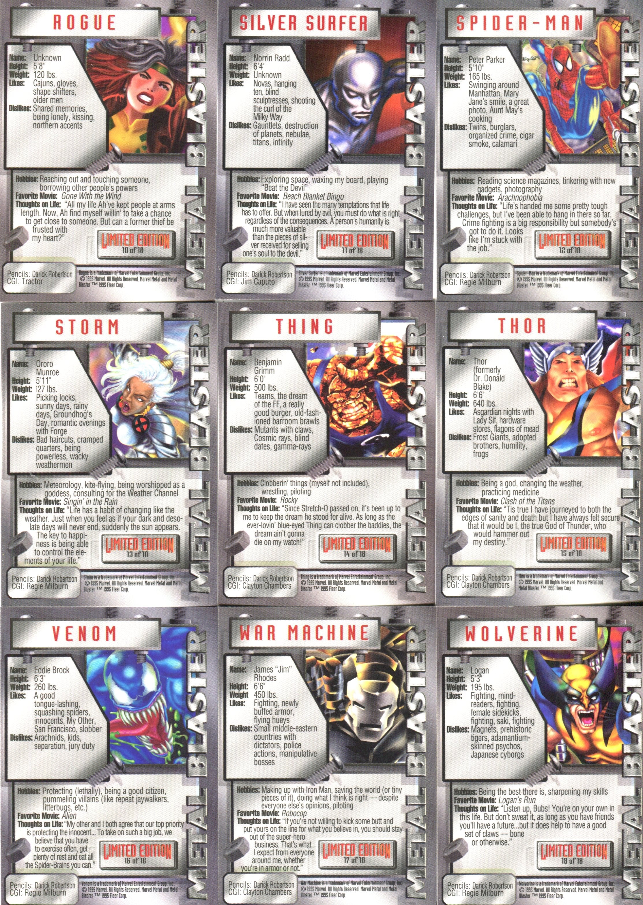 1995 Fleer Marvel Metal Inaugural Metal Blaster Chase Card Set 18
