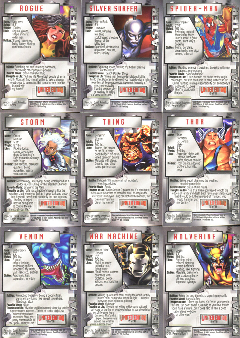 1995 Fleer Marvel Metal Inaugural Metal Blaster Chase Card Set 18 Foil Cards   - TvMovieCards.com