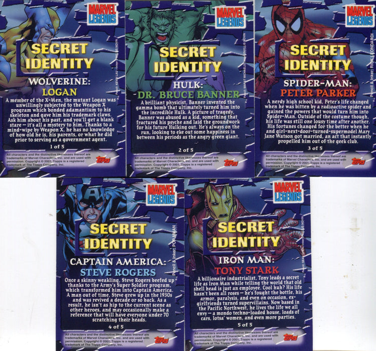 Marvel Legends Secret Identity Chase Card Set 1 of 5 thru 5 of 5 Topps 2001   - TvMovieCards.com
