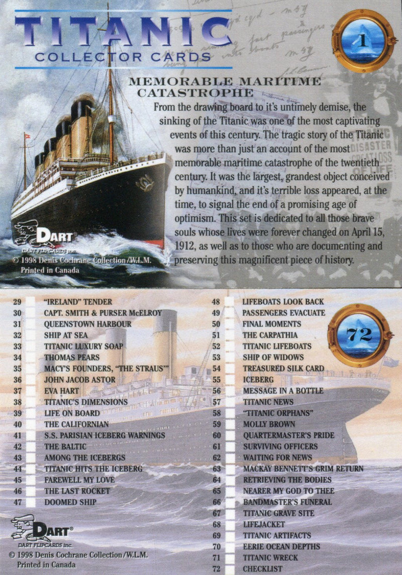 Titanic Historical Facts Base Card Set 72 Cards Dart Flipcards 1998   - TvMovieCards.com