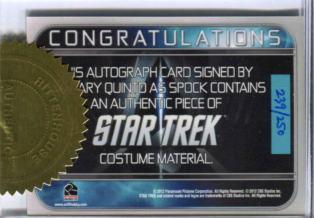 Star Trek Movie Into the Darkness Zachary Quinto Autograph Costume Card #239/250   - TvMovieCards.com