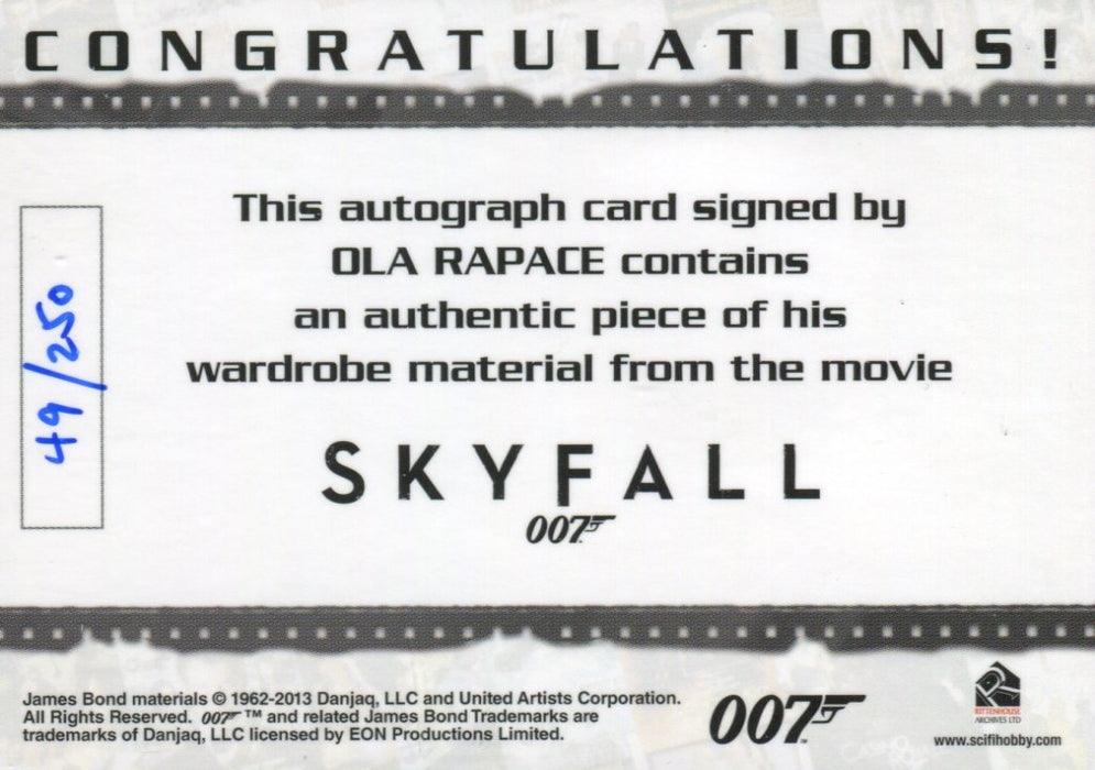 James Bond Archives Final Edition 2017 Ola Rapace Autograph Costume Card 49/250   - TvMovieCards.com