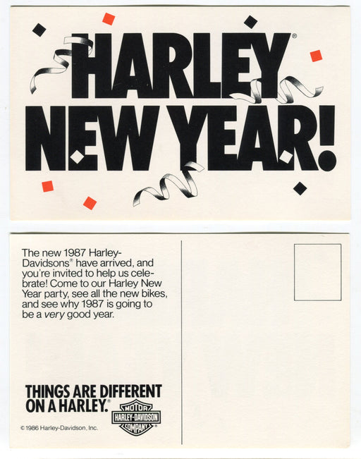 1986 Harley Davidson "Harley New Year" New 1987 Harleys Have Arrived Postcard   - TvMovieCards.com